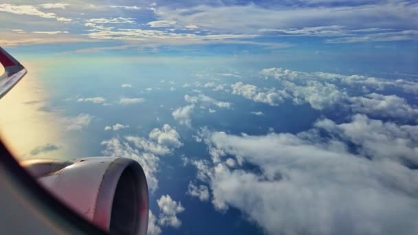 부드러운 구름은 비행기 창문으로 공중에 떠다니고 일몰에 아름다운 하늘을 빛나고 — 비디오