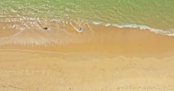 Αεροφωτογραφία Λευκά Κύματα Αφρού Στην Τιρκουάζ Θάλασσα Πλύνετε Στην Παραλία — Αρχείο Βίντεο