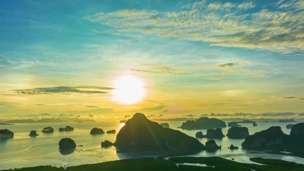 Aerial Hyperlapse View Imagine Beautiful Bright Yellow Sky Sunrise Flare — Stock Video