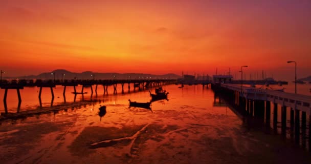 Aerial View Red Sky Sunrise Chalong Pier Vdo Majestic Sunrise — Stock Video