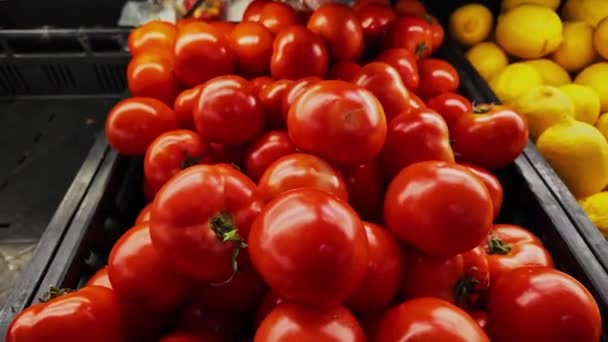 Pomodori Rossi Brillanti Vendita Sul Mercato Primo Piano — Video Stock