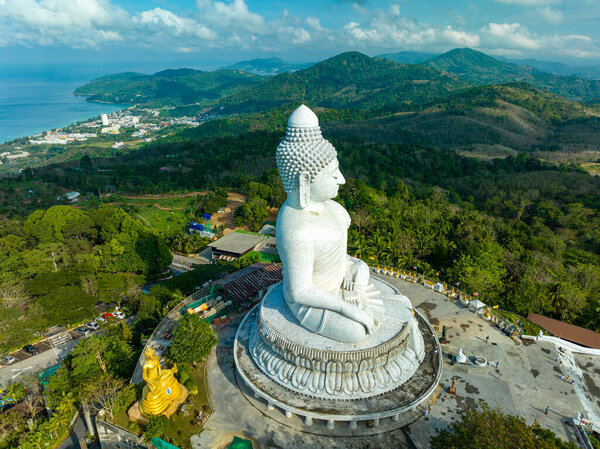 aerial photography scenery blue sky and blue ocean behind Phuket white big Buddha