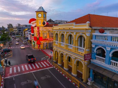 Phuket,Thailand-December,31,2023: celebrations events in Phuket Town to attract tourists.Aerial view the ancient building that are beautiful 