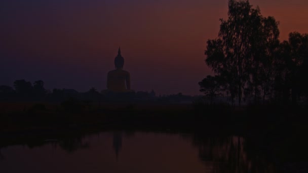 Цветное Розовое Небо Восходе Солнца Золотистом Большом Будде Является Популярной — стоковое видео