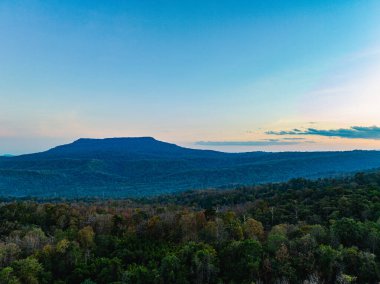 güzel yeşil orman dağlarda mavi gökyüzü ve bulutlar gün doğumunda, hava manzarası 