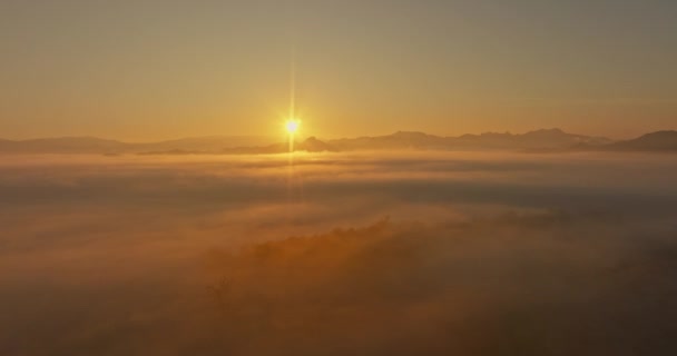 Flygfoto Morgonsolens Gyllene Ljus Ovanför Dimmans Hav Dalen Skapas Lugn — Stockvideo