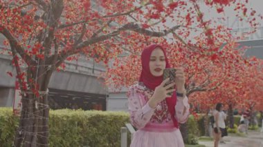 Kızıl ağaçla özçekim yapan kırmızı tesettüre bürünmüş şirin bir İslami kadın. Mutlu ve rahat görünüyor, manzaranın tadını çıkarıyor. Bangkok 'un merkezinde dolaşırken fotoğraf çektirmek için mutlu bir şekilde poz veriyor..
