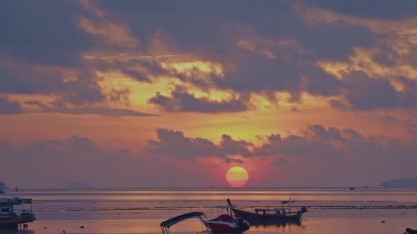Beautiful Sky Fishing Boats Sunrise Breathtaking Background Time Lapse — Stock Video