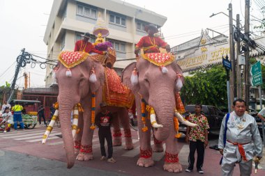 Bangkok, Tayland-Nisan 11.2024: Beyaz filler Songkran Günü 'nde büyük bir Songkran etkinliği düzenlemek için Noppamas geçit törenine katıldılar. 2024 Songkran Günü 'ne hoş geldin alayı