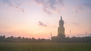 Altın Büyük Buda 'da gün doğumunda inanılmaz bir gökyüzü Tayland' da popüler bir simgedir. Dünyanın en büyük Buda 'sında güzel bir gün doğumu. Gökyüzünde bulutlu, romantik gökyüzü günbatımı sahnesi.
