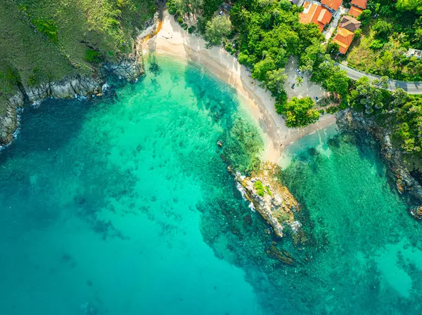 stock image aerial top view above small island in front of Yanui beach in low tide. Sand dunes in the separate sea. Sandbars form in the Separated Sea when the water level goes down. green sea white sand beac