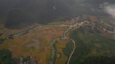 A breathtaking aerial view of a lush green valley surrounded by towering mountains. A winding river cuts through the serene landscape under a clear, expansive sky, creating a sense of natural beauty clipart