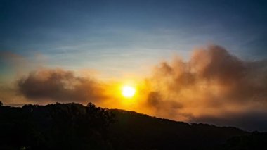 Güneş sık bir ormanın arkasında batıyor, dalgalı bulutlar ve sislerin arasından altın bir parıltı saçıyor. Bu büyüleyici sahne sıcak ve serin tonlarla harmanlanarak dramatik ve sakin bir doğal manzara yaratır..