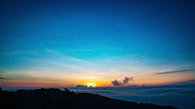 Güneş sık bir ormanın arkasında batıyor, dalgalı bulutlar ve sislerin arasından altın bir parıltı saçıyor. Bu büyüleyici sahne sıcak ve serin tonlarla harmanlanarak dramatik ve sakin bir doğal manzara yaratır..