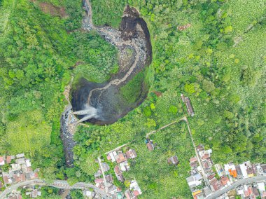 Aerial top view Coban Sriti Waterfall twin Waterfall stream that flows down the valley.The water flowed down into the winding mountain ridges as far as the eye could see. green forest   clipart