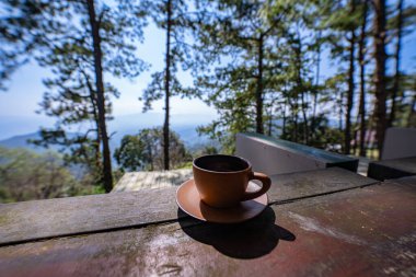 Açık bir sabahta sıcak kahve. Çam ağaçları mavi gökyüzünün altında yeşil ormanı kaplıyor. Yeşil çimenler tüm bölgeyi kaplıyor, sizi oturmaya, kahvenizi yudumlamaya ve taze havayı solumaya davet ediyor.