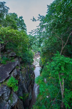 Nehir vadisinin güzel manzarası yemyeşil ormanlarla çevrili, yüksek kaya oluşumlarıyla.