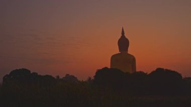  Pirinç tarlasındaki büyük Buda heykelinin üzerinde güzel bir gün doğumu.