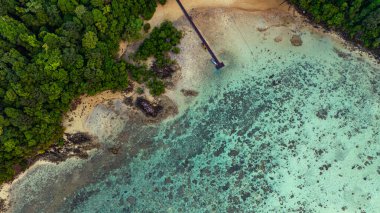 Surin Adaları 'ndaki Ao Mai Ngam' ın muhteşem kuş bakışı görüntüsü. Sahilin karşısında konaklamanın olduğu bir iskele var. Mercan resifleri ve balık sürüleri var. Dalgıçlar için bir varış noktasıdır..