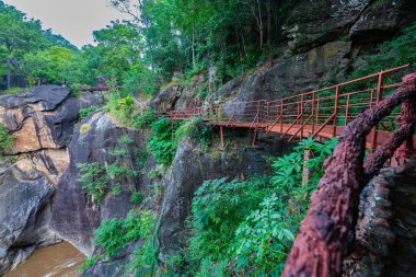 Yükselen kaya oluşumları ve uçurumları birbirine bağlayan dar bir köprüyle, yemyeşil ormanlarla çevrili bir nehir vadisinin pitoresk görüntüsü. Doğal güzellik ve canlı yeşillik. Öpücük uçurumu