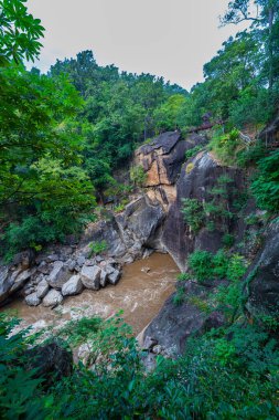 Yükselen kaya oluşumları ve uçurumları birbirine bağlayan dar bir köprüyle, yemyeşil ormanlarla çevrili bir nehir vadisinin pitoresk görüntüsü. Doğal güzellik ve canlı yeşillik. Öpücük uçurumu