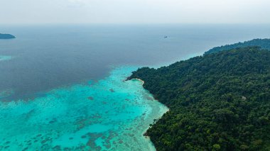 Berrak turkuaz suları, yemyeşil bitki örtüsü ve mercan resifleriyle çevrili tenha Surin adalarının nefes kesici bir görüntüsü. El değmemiş beyaz kum ve canlı okyanus renkleri 