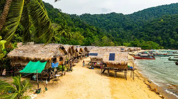Phang Nga, Tayland-Mart, 20.2025: Yeşillik yeşil ormanlarla çevrili kıyı şeridi boyunca sıralanmış küçük kulübeleriyle tropikal bir sahil Morgan köyünün çarpıcı hava manzarası. Balıkçı tekneleri demirli.