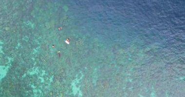 Mercan resifinde şnorkelle yüzen turistlerin hava manzarası