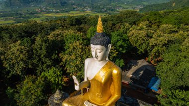 Etrafı yemyeşil ağaçlarla çevrili altın bir Buda heykelinin havadan görünüşü çarpıcı bir zemin ve berrak mavi bir gökyüzü üzerine kurulmuş. Ruhun ve doğanın ahengi. Fang kaplıcası.