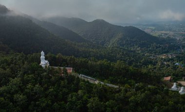 Bereketli yeşilliklerle çevrili ve uzak köyleri olan huzurlu bir vadiye bakan ormanlık bir tepeye tünemiş büyük beyaz Buda heykelinin huzurlu bir hava görüntüsü. Huzurlu ortam ruhani ve doğal uyum yayar..  