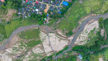 Zu Tong Pae bambu köprüsünün güzel manzarası Mae Hong Son, Tayland 'da günbatımında pirinç tarlasını geçiyor. Sabah köprünün etrafında yeşil pirinç tarlalarıyla birlikte biraz sis ve soğuk hava var..