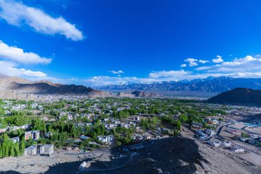 Leh şehrinin engebeli dağların arasına kurulmuş manzarası, mavi gökyüzünün altında karla kaplı tepeler. Bu sakin sahne, doğal ihtişam ve kentsel cazibe arasındaki zıtlığı yakalar..