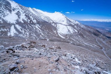 Himalaya dağ sırtı engebeli bir dağ sırtı, yüksek irtifadaki bir arazinin saf güzelliğini ve işlenmemiş arazisini, canlı mavi bir gökyüzünün altında karla örtülü. Doğa dramatik dokular.
