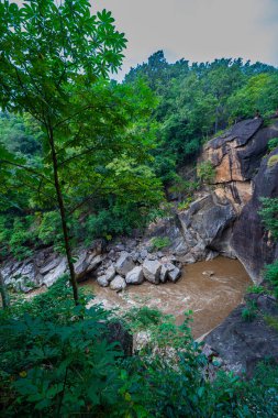 Yükselen kaya oluşumları ve uçurumları birbirine bağlayan dar bir köprüyle, yemyeşil ormanlarla çevrili bir nehir vadisinin pitoresk görüntüsü. Doğal güzellik ve canlı yeşillik. Öpücük uçurumu