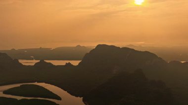 Mangrove nehrindeki güzel Kalp Adası 'nın altın gün doğumunda havadan hiper hızı.