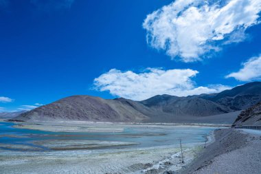 Berrak yüksek irtifada çölün ortasından geçen kıvrımlı bir nehrin olduğu canlı bir manzara. Dağılmış bulutlarla dolu mavi gökyüzünün altındaki renkli dağlara karşı kurulmuş. Himalaya otlağı