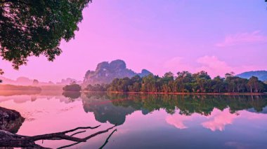 Sakin göl ağaçları ve uzak dağları yansıtıyor.