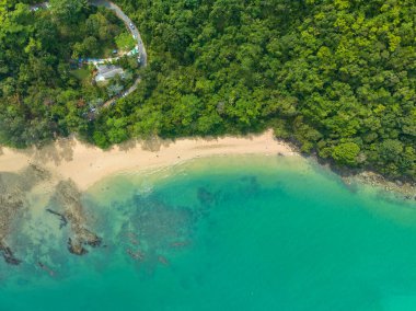 Hava görüntüsü turkuaz su kumlu sahil ormanını gösteriyor.