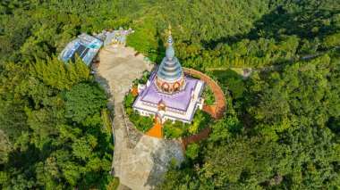 Yoğun yeşil orman ağaçlarıyla çevrili renkli pagoda.