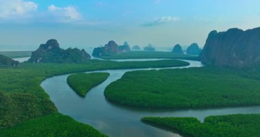 Gündoğumunda muazzam bir mangrov ormanının sergilendiği büyüleyici bir hava sahnesi. Altın sabah ışığı, uzak kireçtaşı zirveleriyle çerçevelenmiş bu tropikal kıyı ekosisteminin doğal güzelliğini vurgular.
