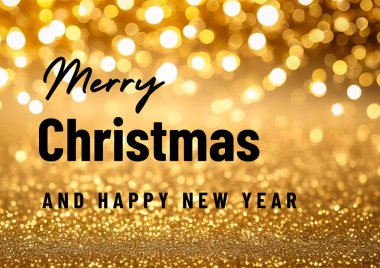 Mutlu noel kartları, güzel ışıkları ve mesajları olan altın noel arkaplanı. Kar taneleriyle altın Noel arkaplanı