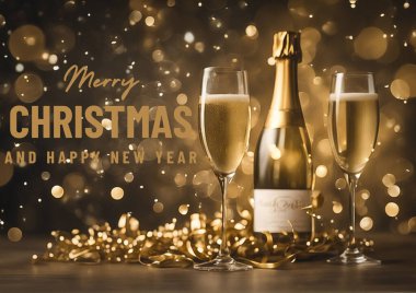 Masada şarap kadehleri olan şampanya şişesi Mutlu yıllar ve Mutlu Noeller arkaplanı, illüstrasyon
