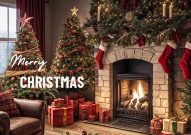 Mutlu noel kartları, ışıklandırmalı noel ağacı, noel geçmişi. Noel ağacı ve süslemeler, şömineli oturma odası.