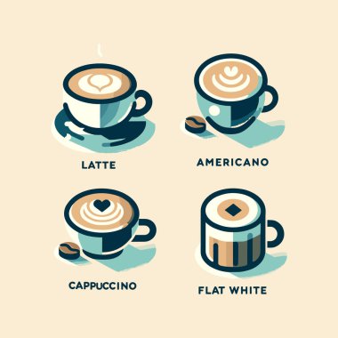 Kalın ana hatlarıyla yazılmış bir kahve seti. Çizgi film tarzında kalın simgeler. İzole eşyalar. Vektör çizimi. Dekorasyon için kullan.