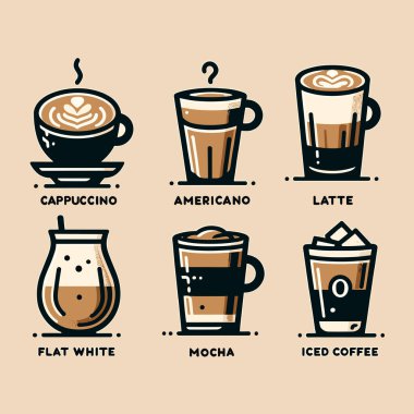 Kalın ana hatlarıyla yazılmış bir kahve seti. Çizgi film tarzında kalın simgeler. İzole eşyalar. Vektör çizimi. Dekorasyon için kullan.