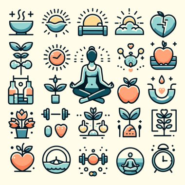 Krema arka planında siyah çizgi olan bir dizi sağIık simgesi. İzole eşyalar. Vektör çizimi. Terfi ve dekorasyon için kullan.