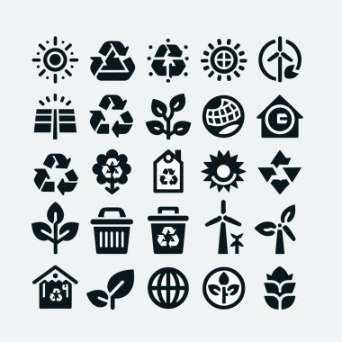 Gri arkaplan ve siyah renkte sürdürülebilirlik ve ekolojik simgeler. İzole eşyalar. Küresel sürdürülebilirlik üzerine düz ve basit bir tasarım. İzole eşyalar. Vektör çizimi. Terfi, dekorasyon ve UI için kullan.