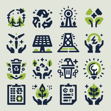 Yeşil detayları ve siyah çizgileri olan sürdürülebilir enerji simgeleri. Alternatif enerji için düz ve minimal tasarım. İzole eşyalar. Vektör çizimi. Terfi, dekorasyon ve UI simgeleri için kullan. 