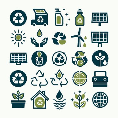 Yeşil enerji ve sürdürülebilirlik simgeleri seti siyah ve yeşil renklerde. Düz ve basit tasarım siyah ve yeşil renklerde. İzole edilmiş eşyalar. Vektör çizimi. Terfi, dekorasyon ve UI için kullan.