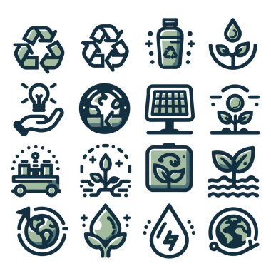 Beyaz arka planda sürdürülebilirlik ve yeşil enerji simgeleri. Siyah çizgileri olan düz ve basit bir tasarım. İzole eşyalar. Vektör çizimi. Terfi, dekorasyon ve ui için kullan. 